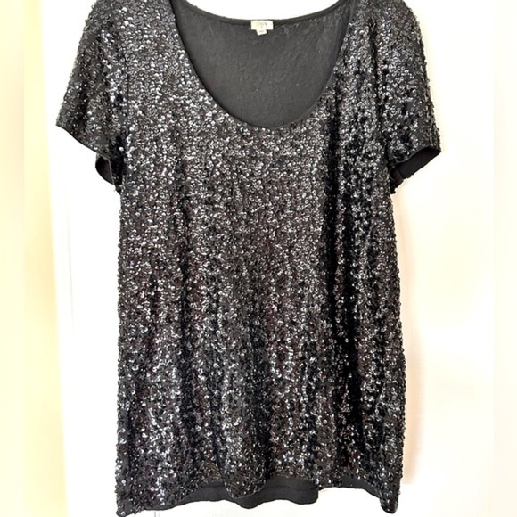 J.Crew Factory Top Black Sequin Short Sleeve Tee Sparkle Glitter size Large - Picture 9 of 16